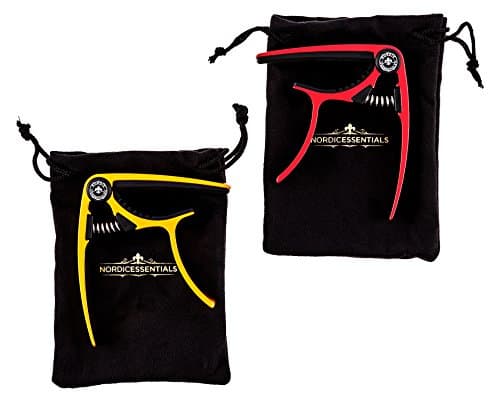 Guitar Capo (2 Pack) for Acoustic Guitars, Ukulele, Banjo, Mandolin, Bass - Made of Ultra Lightweight Aluminum Metal (1.2 oz!) for 6 & 12 String Instruments - Nordic Essentials (Red + Gold)