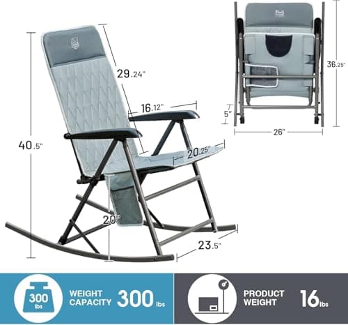 Timber Ridge 3-Level Adjustable Rocking Camping Chair, Padded High Back Outdoor Rocking Chair with Side Pocket, Portable Folding Rocker for Adults, Supports 300 LBS for Lawn, Patio, Porch