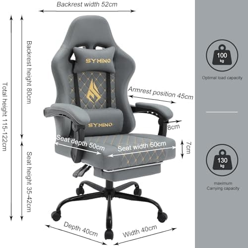 Symino Gaming Chair with Footrest, Linkage Armrests & 10cm Thick Seat, PU Leather Ergonomic Computer Chair, 150° Recline Office Chair, Grey