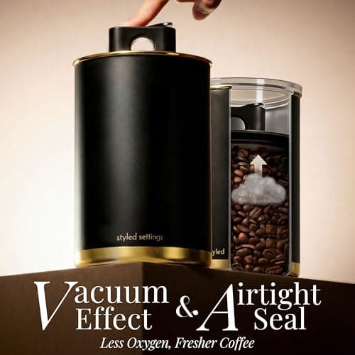 Vacuum Coffee Canister with Airtight Lid – Patented Dual Airtight Coffee Canister with Scoop, Coffee Bean Storage Container or Grounds Container, Storage Container - Black and Gold Kitchen Accessories