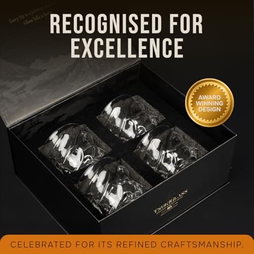 TSUKIGLASS® Storm Premium Japanese Crystal Whisky Glasses Set of 4 - Gift Ready Box, 100% Ultra Clarity Lead-Free Crystal, 10oz Tumblers for Bourbon, Scotch & Cocktails, Luxury Gift for Men