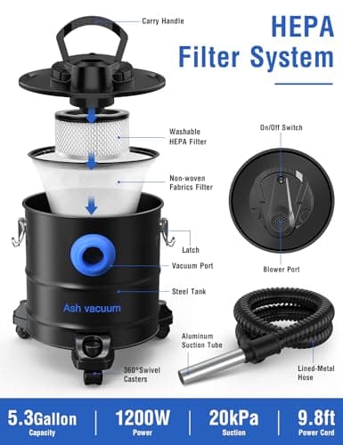 Oragerju Ash Vacuum, Pellet Stove Vacuum Cleaner, 5.3 Gallon, 20kPa, 1200W Powerful Motor with Blower Function, On Wheels and HEPA Filter, The Ash Vacuum for Pellet Stoves & Wood Stoves