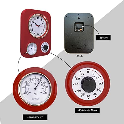 Lily's Home -9.5 Inch x 12.5 Inch -Retro Kitchen Wall Clock, Vintage Wall Clock with a Thermometer and 60-Minute Timer, Ideal for Any Kitchen, Office, or Diner (Retro Red)