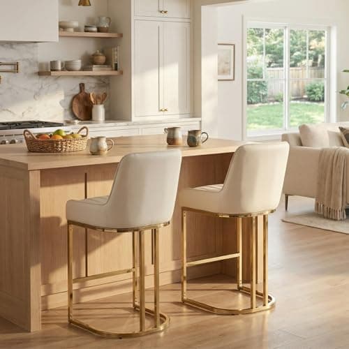CIMOTA Counter Height Bar Stools Set of 2 with Back Modern Kitchen Counter Stools with Gold Legs Leather Island Chairs Comfy Stripe Barstools for Breakfast Bar, 26 Inch/PU Beige