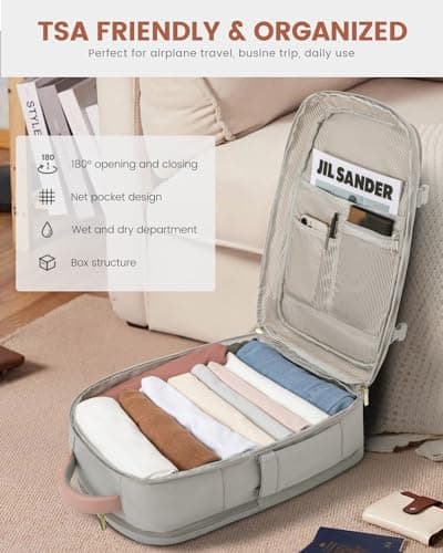 LOVEVOOK Travel Backpack For Women, 40L Carry On Backpack Flight Approved, TSA Personal Item Travel Bag Fits 17 Inch Laptop, Business Weekender Overnight Waterproof Daypack With 2 Cubes, Grey-Pink