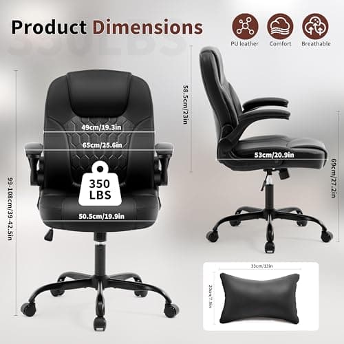 Executive Office Chair PU,Leather Office Chair with Wheels,360° Swivel Rolling Chair with Padded Arms,Ergonomic Computer Chair with Lumbar Support for Short People Use(Black)