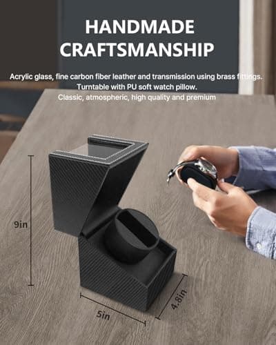 UnaMela Watch Winder for Automatic Watches: Automatic Single Watch Winder Box, Rotating Watch Case in Black Carbon Fiber Leather, Watch Rotator with Japanese Quiet Motor, Battery Powered or AC Adapter