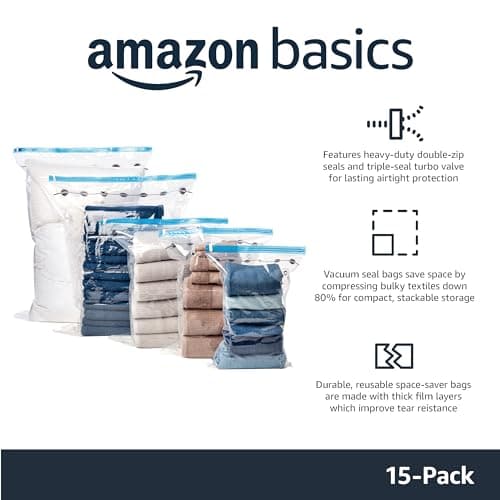 Amazon Basics Vacuum Compression Space Saving Storage Bags with Hand Pump for Clothes Packing, Pack of 15, Multiple Sizes, White