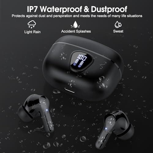 Wireless Earbuds, Bluetooth 5.4 Headphones HiFi Stereo, Bluetooth Earbuds with ENC Noise Cancelling Mic, IP7 Waterproof in Ear Earphones, 48H, LED Display Ear buds for Pad Phones Workout Sports, Black