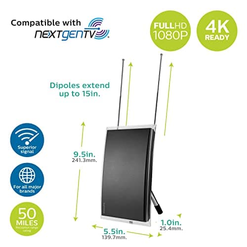 Philips Crystal Amplified Indoor TV Antenna, Extendable Dipole Rabbit Ears, 4K 1080P VHF UHF, Long Range, Amplifier Signal Booster, Digital HDTV Antenna, Smart TV Compatible, SDV3237N/27