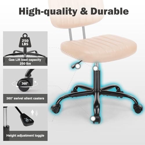 DUMOS Armless Home Office Executive Chair - Small Desk Chair with Low Back Lumbar Support, Height Adjustable PU Leather Computer Task Chair with 360° Swivel Wheels, for Adults, Brown