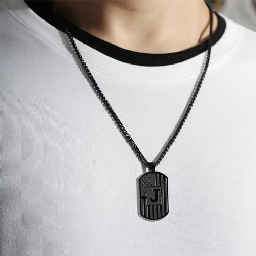 Initial A-Z Letter Necklace for Men Kids Teen Stainless Steel American Flag Dog Tag Pendent Birthday Gifts Gifts for Boys - Initial Necklace for Men Boys Kids Teen Jewelry Gifts B0CW98XXJP