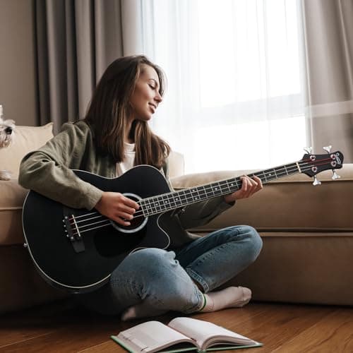 GLARRY Full Size Acoustic Electric Bass Guitar Beginner Kit w/ 15W Amp, Cutaway 4 Strings Electric Acoustic Bass Guitar w/Inbuilt Tuner, Bag, Strap, Picks, Strings, Bass Guitarra，Matte Black