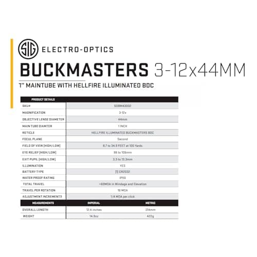 SIG SAUER Buckmasters 3-12x44mm 1" Tube Second Focal Plane/SFP/F2 Durable Shockproof Waterproof Fogproof Black Riflescope
