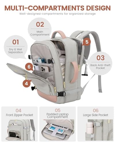 LOVEVOOK Travel Backpack For Women, 40L Carry On Backpack Flight Approved, TSA Personal Item Travel Bag Fits 17 Inch Laptop, Business Weekender Overnight Waterproof Daypack With 2 Cubes, Grey-Pink