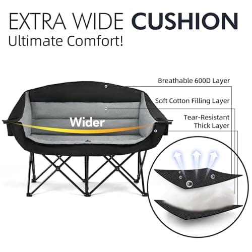 Double Camping Chair Loveseat - 2 Person Oversized Camping Couch for Adults Padded Heavy Duty Outdoor Lawn Beach Portable Folding Chairs with Cup Holders and Carry Bag Support 600lbs, Black/Grey