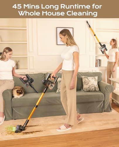 Cordless Vacuum Cleaner, 450W 40KPA Vacuum Cleaners for Home, 45Mins Lightweight Stick Vacuum with Advanced Green Light Tech, Rechargeable Battery Vacuum for Carpet,Pet Hair,Hardwood Floor
