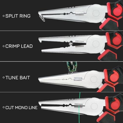 SNAIL TRAIL 7'' Fishing Pliers, Angled Head Split Ring Pliers, Auto-Open by Magnets, Corrosion Resistant Fish Hook Remover, Saltwater Crimping Shot & Wire Cutter Tool