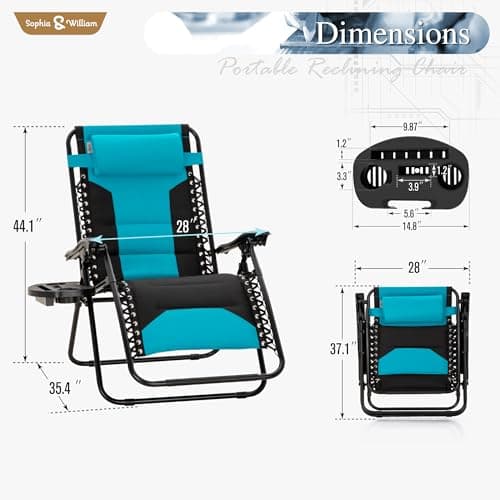 Sophia & William Oversized Zero Gravity Chair Set of 2 Padded, Folding Lounge Chair with Wide Armrest and Cup Holder, Support 400 LBS, Aqua Blue