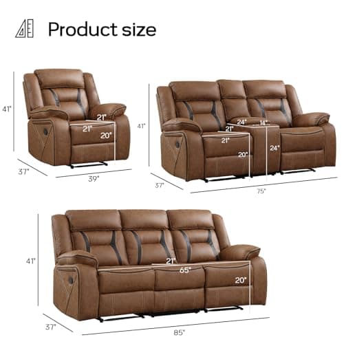 EBELLO Faux Leather Recliner Sofa Furniture Set for Living Room, Recliner Chair, Manual Loveseat, 3 Seat Recliniing Sofa Couch Set for Meeting Room, Brown