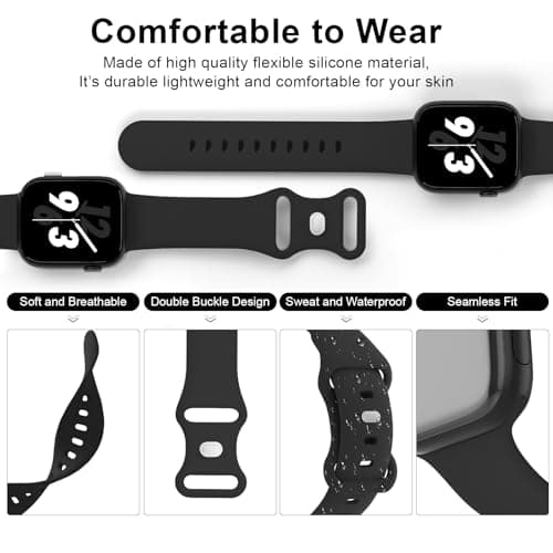 Sport Band Compatible with Apple Watch 38mm 40mm 41mm 42mm 44mm 45mm 46mm 49mm, Replacement Soft Silicone Strap Wristbands for iWatch Series 10/9/8/7/6/5/4/3/2/1 Ultra SE Women Men, Black