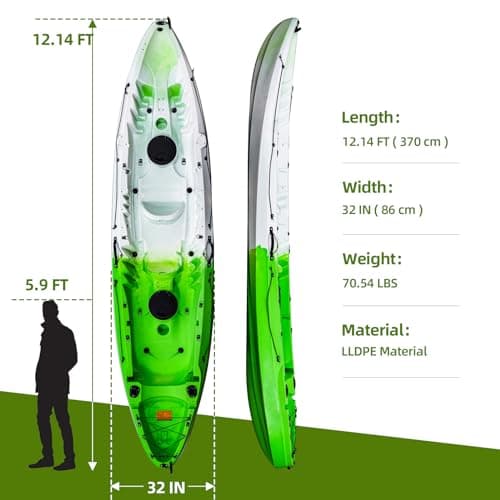 Fishing Kayaks, 12.4FT, 2-3 Person Sit on Top Kayak for Adults with Paddle & Comfortable Seat, Capacity of 600LBS, Hard Shell Recreational Ocean Kayak Boat