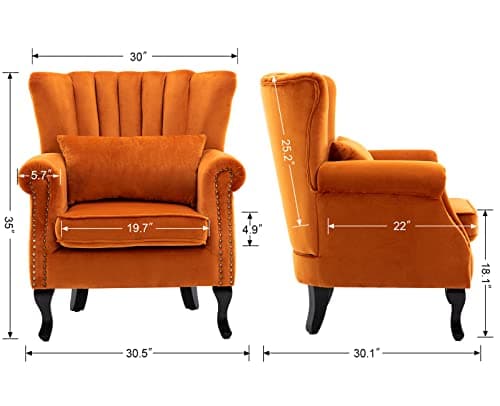 Kmax Orange Accent Chair Velvet Wingback Chair with Pillow Nail-Head Channel Tufted Oversized Club Chair for Living Room Bedroom Guest Room