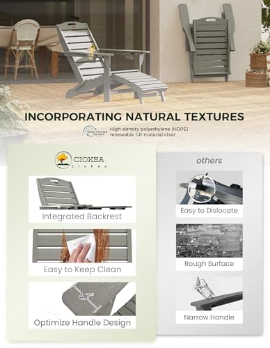 Ciokea Folding Adirondack Chair with Retractable Ottoman Fire Pit Patio Chair with Pull Out Foot Rest Weather Resistant Lawn Outdoor Lounge Chair with 2 Cup Holder (Grey)