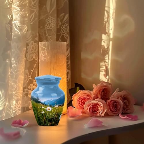 Blue Small Funeral Urn for Ashes for Women and Men Remains - Decorative Travel Urn for Mother and Father Cremation 3 Inch Daisy Burial Urns for Adult Human Ashes B0FJY7YYJ6