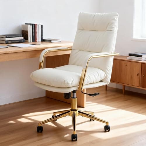 Leather Home Office Desk Chair, Executive Comfy Desk Chair with Support Armrests, Swivel Wheels, Height Adjustable, Mid Back, 360 Swivel, Computer Chair for Office Room, White