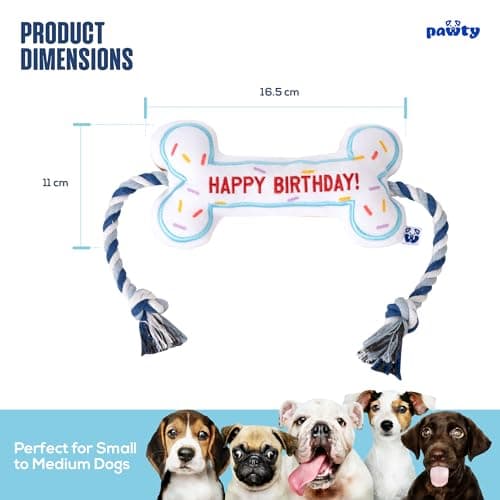 Birthday Bone Interactive Dog Toy - Interactive Tug Rope Pet Toy - Cute Unique Design Party Birthday Gift - Small Medium Puppy - Durable Chew Resistant Plush Toy with Squeaker for Teething (White)