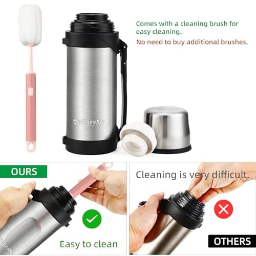HoneyBee 41 Ounce,Vacuum Insulated Bottle,Coffee Thermos,Thermos for Hot Drinks. Twist and Pour TopThermos & Cleaning Brush. Commute, Travel, and Picnic Friendly Portable.Bpa-Free .（Silver）