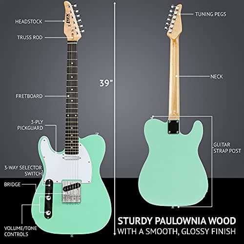 LyxPro 39” Electric Guitar Left Hand TL Series, Full-Size Paulownia Wood Body, 3-Ply Pickguard, C-Shape Neck, Ashtray Bridge, Quality Gear Tuners, 3-Way Switch & Volume/Tone Controls, 2 Picks, Green
