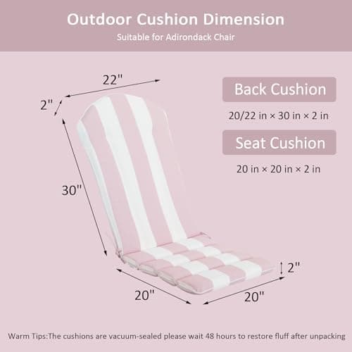 COZYVIDA 50"x20" Adirondack Chair Cushions Set of 2,Outdoor Rocking Chair Cushions high Back,Water-Resistant,UV-Resistant 1000+ Hrs, with Adjustable Straps,Pink White Stripe