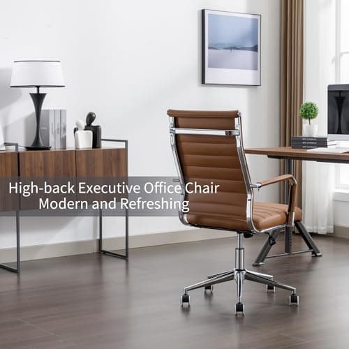 Office Desk Chair Leather, Conference Room Chairs with Wheels, Executive Modern High Back Ergonomic Swivel Rolling Ribbed Computer Chair(Brown)