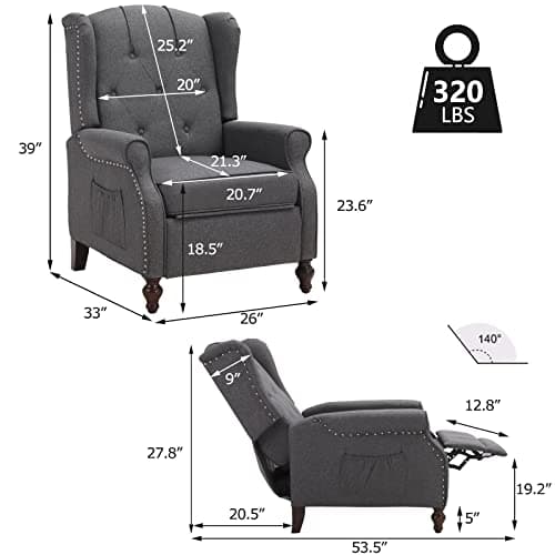 Wingback Recliner Chair with Massage and Heat, Wingback Recliner Tufted Fabric Push Back Recliner Chair for Living Room, Vintage Wingback Chair with Remote Control, Padded Cushion, Wooden Legs