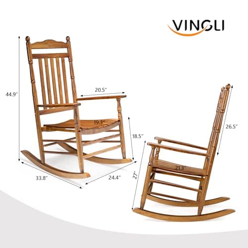 VINGLI Wooden Rocking Chair, Outdoor Chair with 450 lbs Support, Relaxing Rocker with Solid Wood High Back Seat Reclining Seat for Deck, Garden, Backyard, Porch, Indoor or Outdoor Use (Teak, 1PC)
