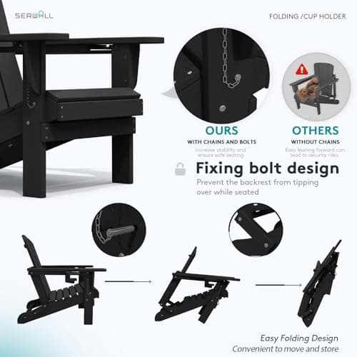 SERWALL HDPE Folding Adirondack Chair with Dual Cup Holder - Composite Adirondack Chair Set of 4- Black