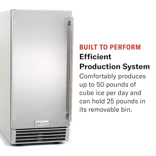 Blaze 15-Inch Outdoor Rated Ice Maker with Gravity Drain – Stainless Steel Machine Produces 50 Lbs. of Ice Daily with 25 Lb. Storage