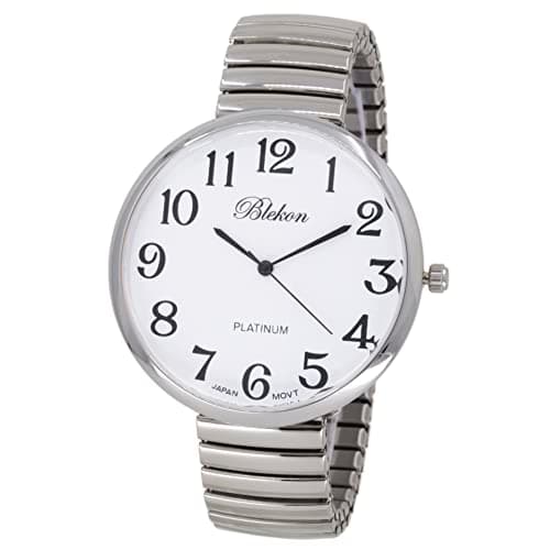 Geneva Blekon Collections Silver Super Large White Face Case Size 43mm EXTRA LARGE Stretch Band Japanese Movement PC21J Fashion Watch