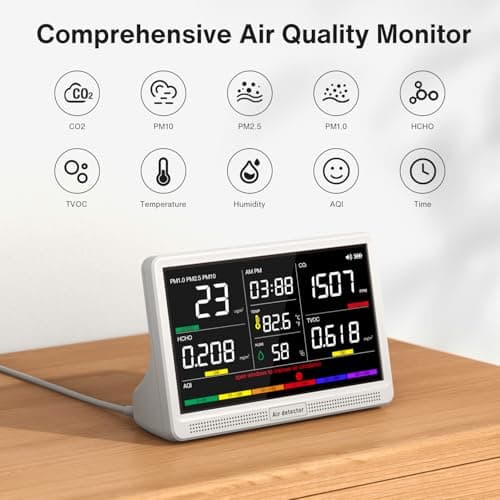16 in 1 Air Quality Monitor Indoor 7" Large Display 9 AQI+7 Alerts, CO2 Monitor Air Quality Tester for CO2, TVOC, PM2.5 PM1.0 PM10, HCHO Temperature Humidity AQI & Time Air Quality Meter for Home