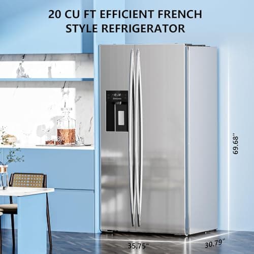 Antarctic Star 20 Cu.Ft French Door Refrigerator, Stainless Steel Fridge with Side Freezer & Water Dispenser, Nugget and Cube Ice Maker, Adjustable Thermostat