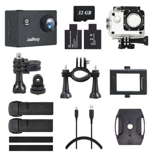 Jadfezy Action Camera FHD 1080P with 32GB Card, 98FT/30M Underwater Waterproof Camera with 2 Rechargeable Batteries, Wide Angle Sports Camera with Accessories Kit Suitable for Helmet, Bicycle, etc.