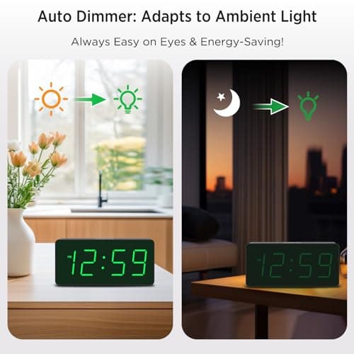 Peakeep Battery Operated Digital Alarm Clock for Bedrooms - Cordless Large Big Numbers 4 Dimmers, Auto Dimming for Seniors, Adjustable Volume Loud Alarm Clock for Heavy Sleepers Adults (Green Digits)