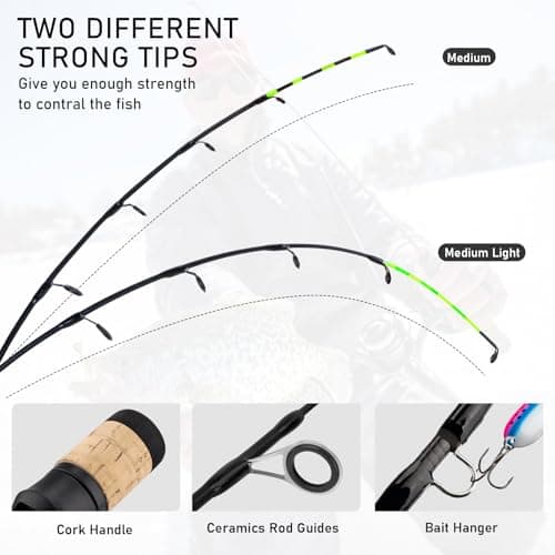 QualyQualy Ice Fishing Rod and Reel Combo 24 inch M/ML Inline Ice Fishing Combos 2 Different Tips for Walleye Perch Panfish and Trout