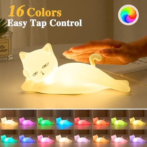 Lying Cat Lamp Funny Gifts, 16 Colors+5 Dimming+Silicone Random Stuff, Touch+Remote+Recharge Night Light, Unique Cool Lamp,Cute Weird Stuff, Squishy Cat White Elephant Gifts for Women/Men/Teens/Kids B0CH9K8NST