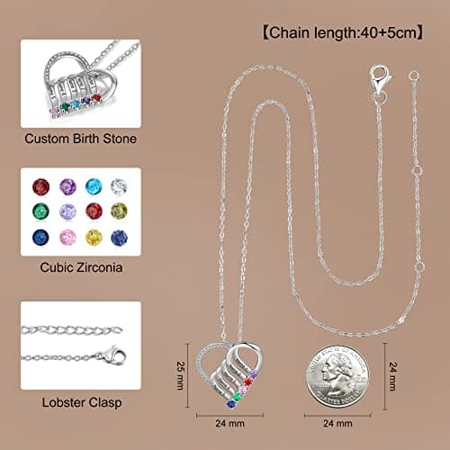 Jeweidea Personalized Heart Necklace with 2-6 Simulated Birthstones Custom Name Mother Daughter Chain Pendant for Women Mom Birthday