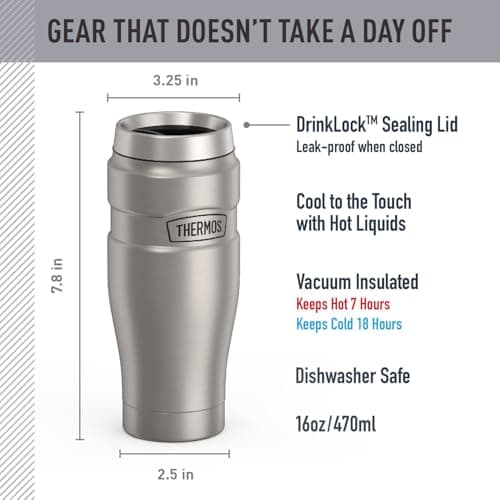 THERMOS Stainless King Vacuum-Insulated Travel Tumbler, 16 Ounce, Matte Steel