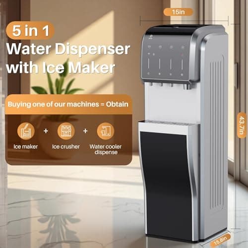 EXCELPURE 5-in-1 Bottom Loading Water Dispenser with Ice Maker, 3 Temperatures Settings - Hot, Cold and Room Water Cooler for 5 Gallon Bottle, Child Safety Lock, 35lbs/24H, WiFi, Stainless Steel