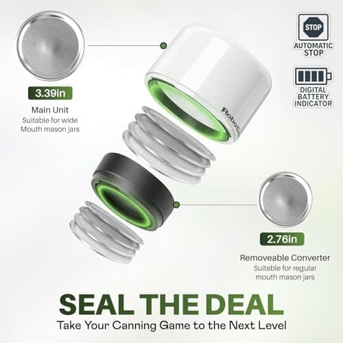 RoboSeal Rechargeable Mason Jar Vacuum Sealer for Mason Jars Wide & Regular Mouth, One Touch Operation, 10 Jar Lids and Jar Opener Included, Digital Battery Indicator, Preserves Foods 5x Longer